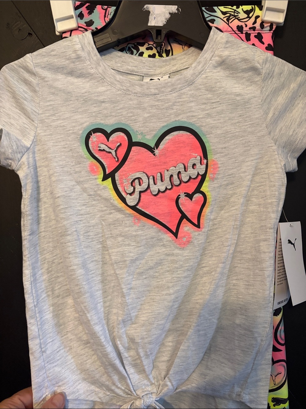 Puma Girls Gray Tee with Neon Heart & Multicolor Neon Leggings - Picture 2 of 5